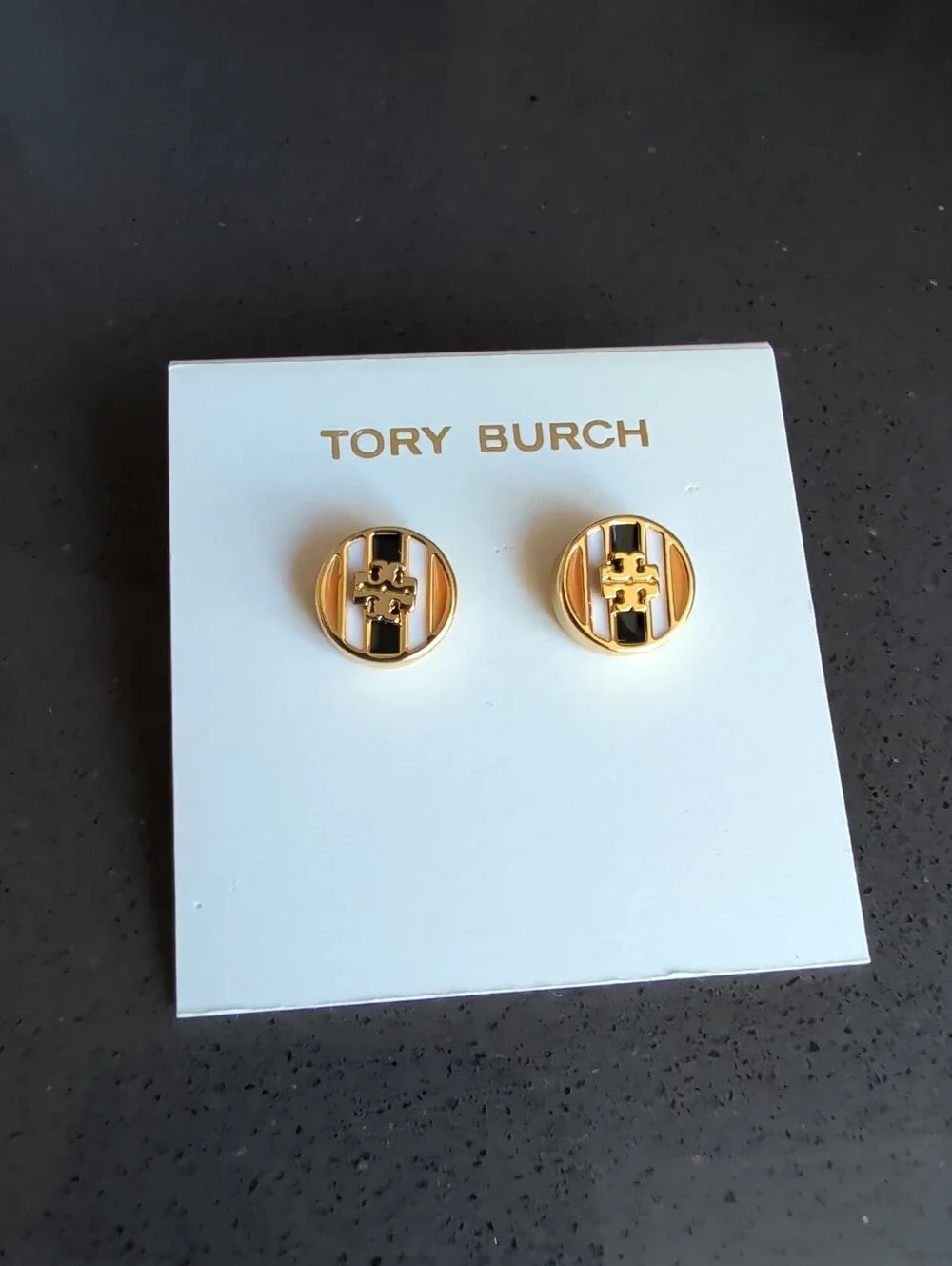 Tory Burch Black White & Gold Stud Earrings Pierced Logo NEW - W50